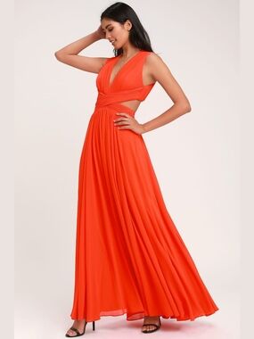 Lulus Vivid Imagination Coral Red Cutout Waist Maxi Dress Size XS Evening Gown
